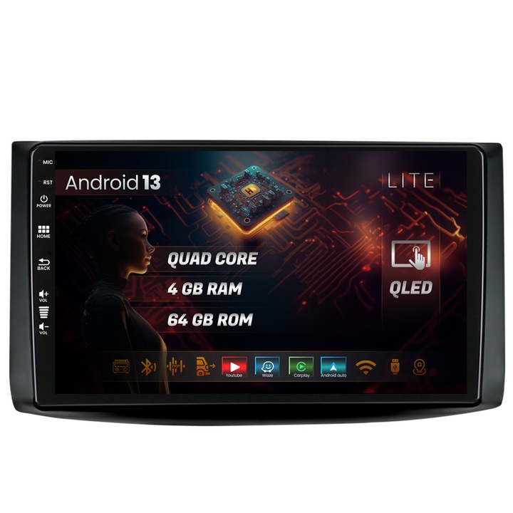 Navigatie HUB64 Chevrolet Aveo (2006-2012), 4GB RAM, Android 13, Quadcore, DSP, GPS, Wi-FI, Carplay, Android Auto, USB, Bluetooth, Waze, Touchscreen, 9 inch