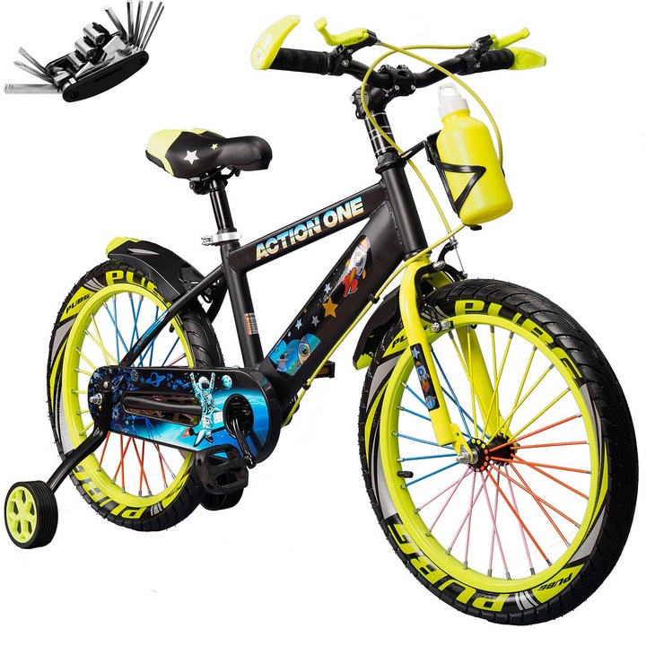 Bicicleta copii 3-5 ani cu kit multifunctional pentru reparatii inclus, roti ajutatoare si bidon pentru apa in suport Kiddo II, 12 inch, verde neon