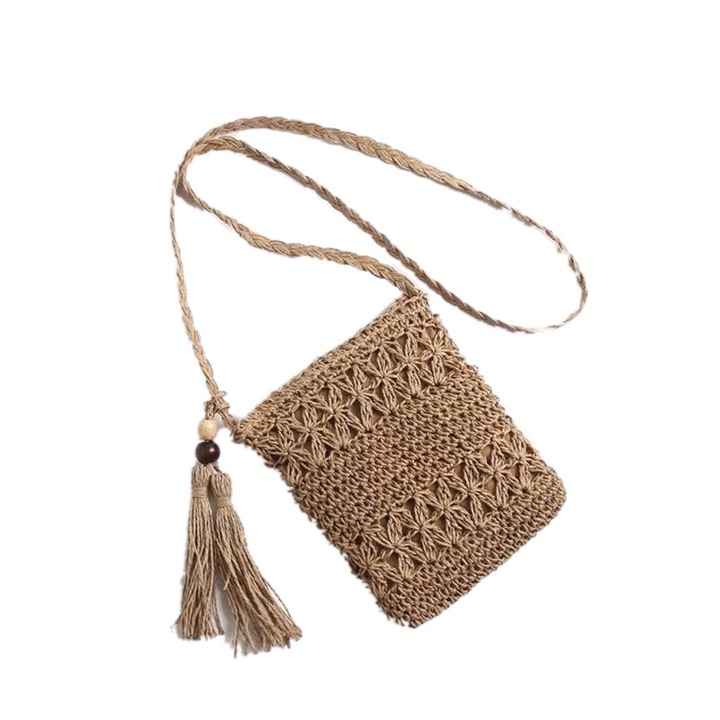 Jormftte Fonott szalmatáska rojtokkal, nagy kapacitású, khaki színű, strandra és kirándulásokhoz.