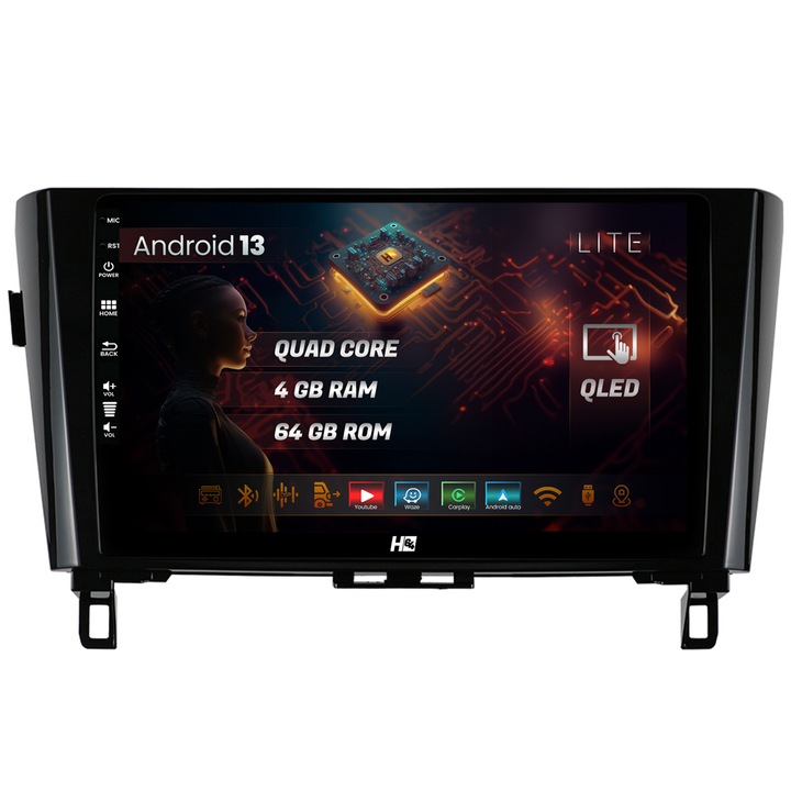 Navigatie HUB64 Nissan Qashqai, X-Trail (2013, ), 4GB RAM, Android 13, Quadcore, DSP, GPS, Wi-FI, Carplay, Android Auto, USB, Bluetooth, Waze, Touchscreen, 10.1 Inch