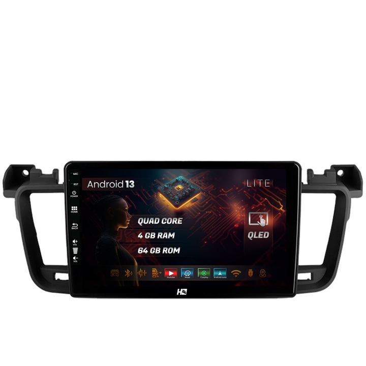 Navigatie HUB64 Peugeot 508 (2010-2018), 4GB RAM, Android 13, Quadcore, DSP, GPS, Wi-FI, Carplay, Android Auto, USB, Bluetooth, Waze, Touchscreen, 9 inch