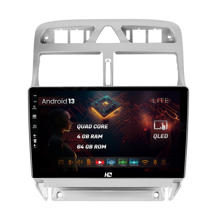 Navigatie HUB64 Peugeot 307, 4GB RAM, Android 13, Quadcore, DSP, GPS, Wi-FI, Carplay, Android Auto, USB, Bluetooth, Waze, Touchscreen, 9 inch