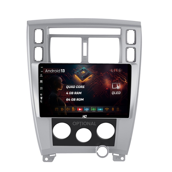 Navigatie HUB64 Hyundai Tucson(2004-2009), 4GB RAM, Android 13, Quadcore, DSP, GPS, Wi-FI, Carplay, Android Auto, USB, Bluetooth, Waze, Touchscreen, 10.1 Inch