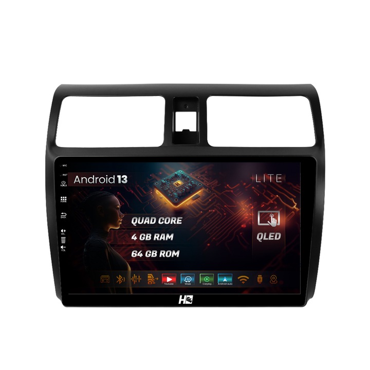 Navigatie HUB64 Suzuki Swift (2003-2010), 4GB RAM, Android 13, Quadcore, DSP, GPS, Wi-FI, Carplay, Android Auto, USB, Bluetooth, Waze, Touchscreen, 9 inch