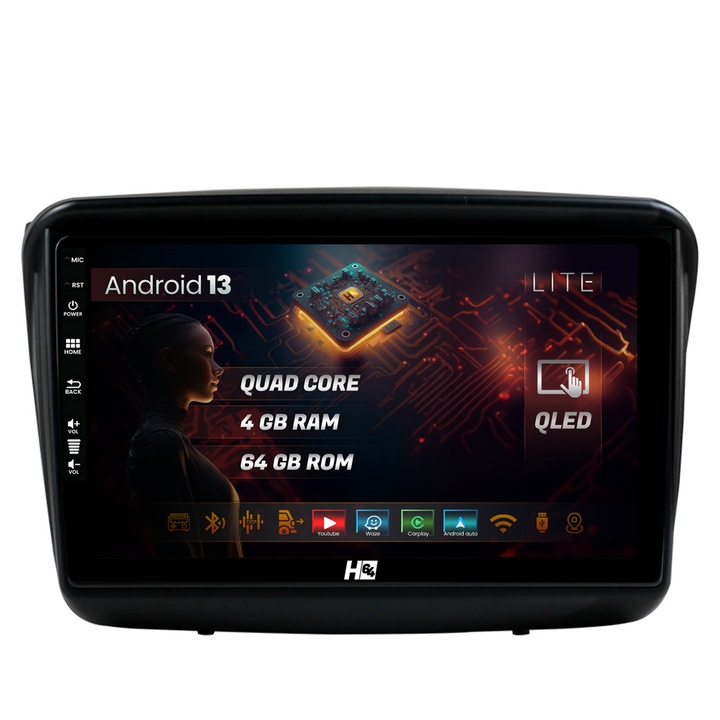 Navigatie HUB64 Mitsubishi L200, Pajero Sport, 4GB RAM, Android 13, Quadcore, DSP, GPS, Wi-FI, Carplay, Android Auto, USB, Bluetooth, Waze, Touchscreen, 9 inch