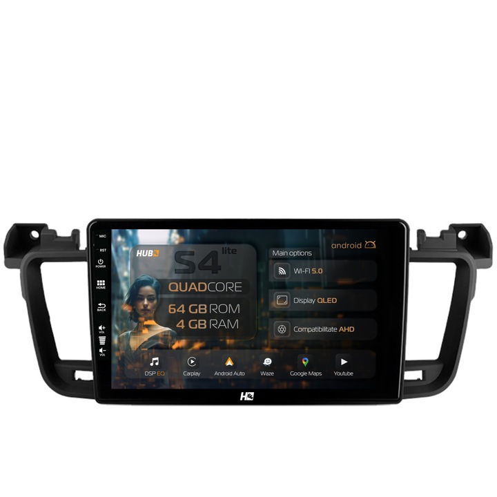 Navigatie Peugeot 508 (2010-2018), 4GB RAM, 64GB ROM, Android, Quadcore, DSP, GPS, Wi-FI, Carplay, Android Auto, USB, Bluetooth, Waze, Touchscreen, 9 inch, HUB64