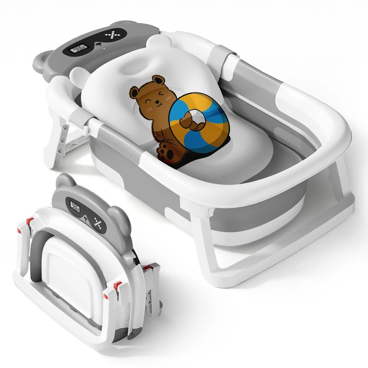 Сгъваема бебешка вана с възглавница eGROW, Bear, вграден термометър, душ слушалка и държач за сапун, с възглавница от хипоалергенен материал, може да се пере с бързо изсушаване, неплъзгащи се крачета, ергономичен дизайн, Сив
