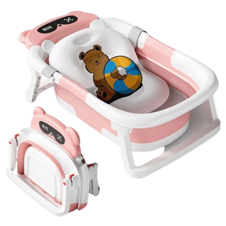 Сгъваема бебешка вана с възглавница eGROW® Bear, вграден термометър, душ слушалка и държач за сапун, с възглавница от хипоалергенен материал, може да се пере с бързо изсушаване, крачета против хлъзгане, ергономичен дизайн, розово