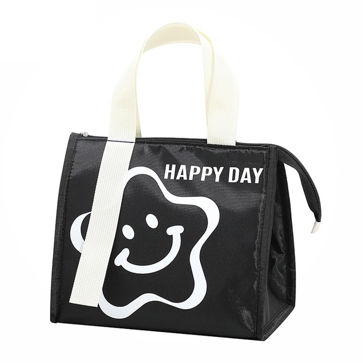 Vastagított hordozható ebédtáska, ránctalanító, kopásálló, aranyos mintás, diák ebédtáska, fekete
