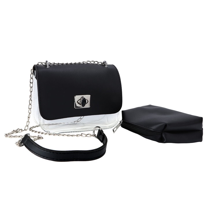 Átlátszó válltáska, Jormftte, könnyen tisztítható, finom lánccal, fekete