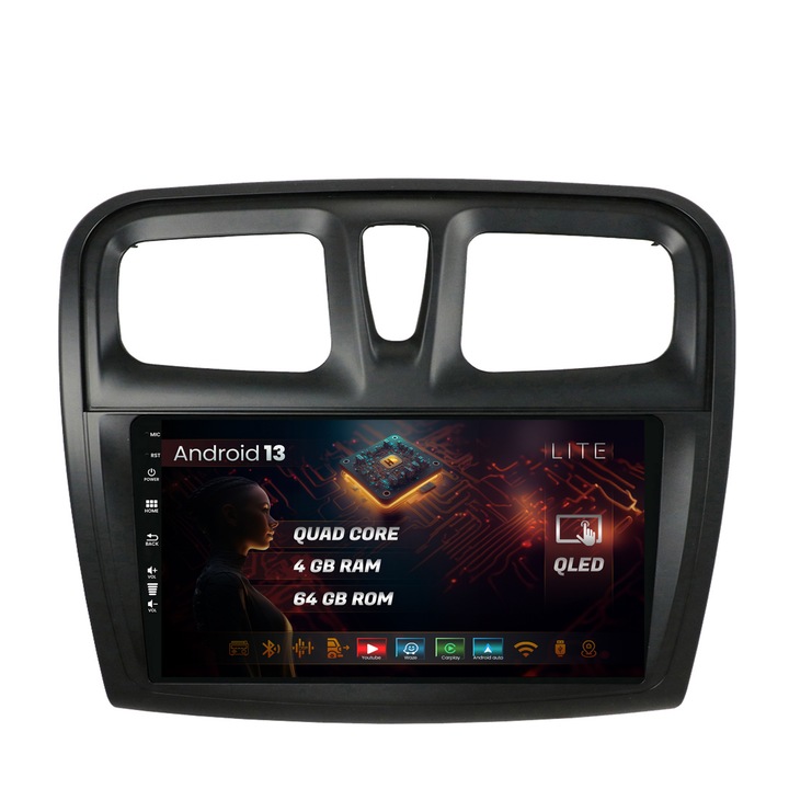 Navigatie HUB64 Dacia Logan, Sandero, 4GB RAM, Android 13, Quadcore, DSP, GPS, Wi-FI, Carplay, Android Auto, USB, Bluetooth, Waze, Touchscreen, 9 inch