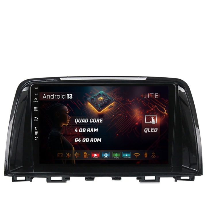 Navigáció HUB64 Mazda 6 (2012-2017), 4GB RAM, Android 13, Quadcore, DSP, GPS, Wi-FI, Carplay, Android Auto, USB, Bluetooth, Waze, érintőképernyő, 9 hüvelykes
