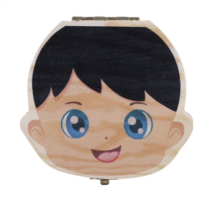 Cutie din lemn pentru dinti de lapte, design baietel si fetita, 12x12.5x2.8cm