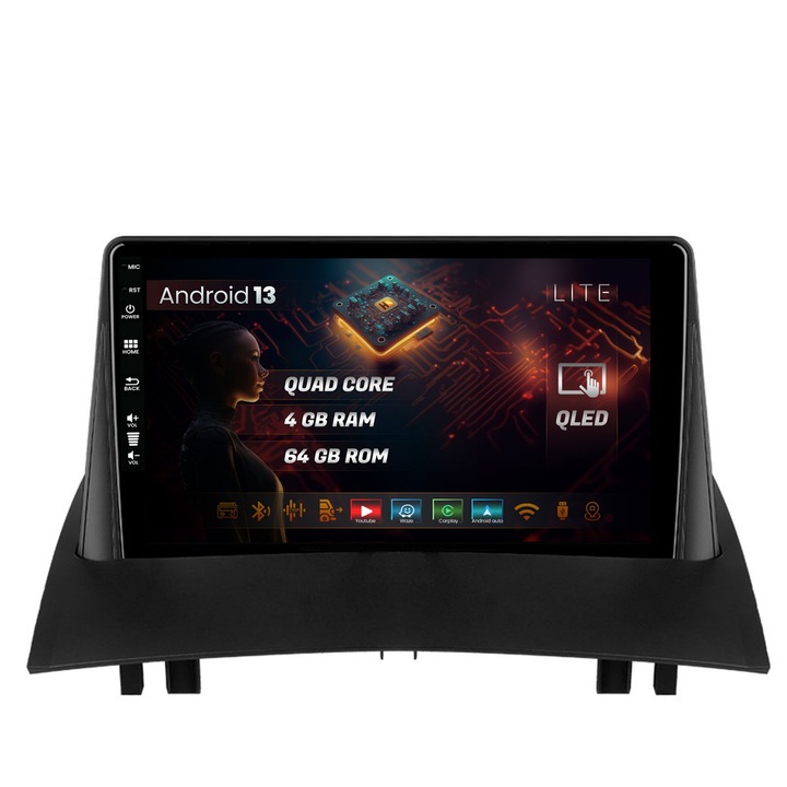 Navigáció HUB64 Renault Megane 2 (2002-2009), 4GB RAM, Android 13, Quadcore, DSP, GPS, Wi-FI, Carplay, Android Auto, USB, Bluetooth, Waze, érintőképernyő, 9 hüvelykes