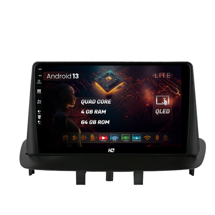 Navigáció HUB64 Renault Megane 3, Fluence (2009-2016), 4GB RAM, Android 13, Quadcore, DSP, GPS, Wi-FI, Carplay, Android Auto, USB, Bluetooth, Waze, érintőképernyő, 9 hüvelyk, 9 hüvelykes