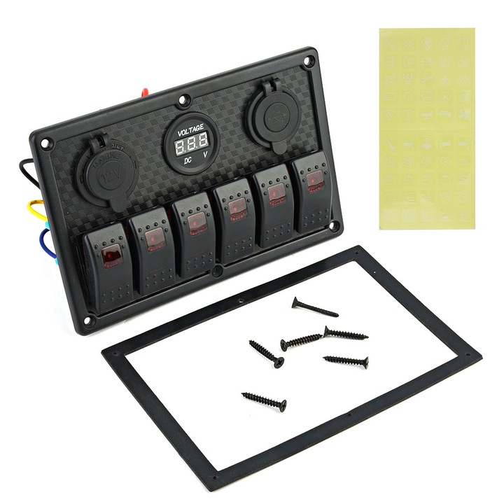 Kapcsoló panel 6 kapcsolóval, Jormftte, USB és szivargyújtó aljzat, környezetbarát anyag, 12V/24V