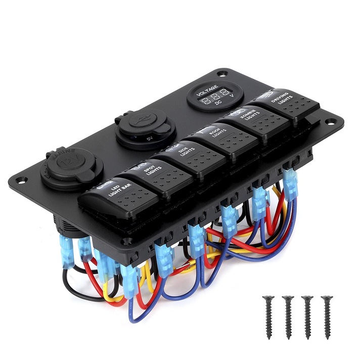 Kapcsoló panel 6 karral, Jormftte, digitális voltmérő, szivargyújtó aljzat, 2 USB port, 12V/24V, autókhoz és csónakokhoz