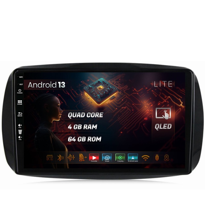 Navigatie HUB64 Smart for Two (2016-Present), 4GB RAM, Android 13, Quadcore, DSP, GPS, Wi-FI, Carplay, Android Auto, USB, Bluetooth, Waze, érintőképernyő, 9 hüvelyk, 9 inch