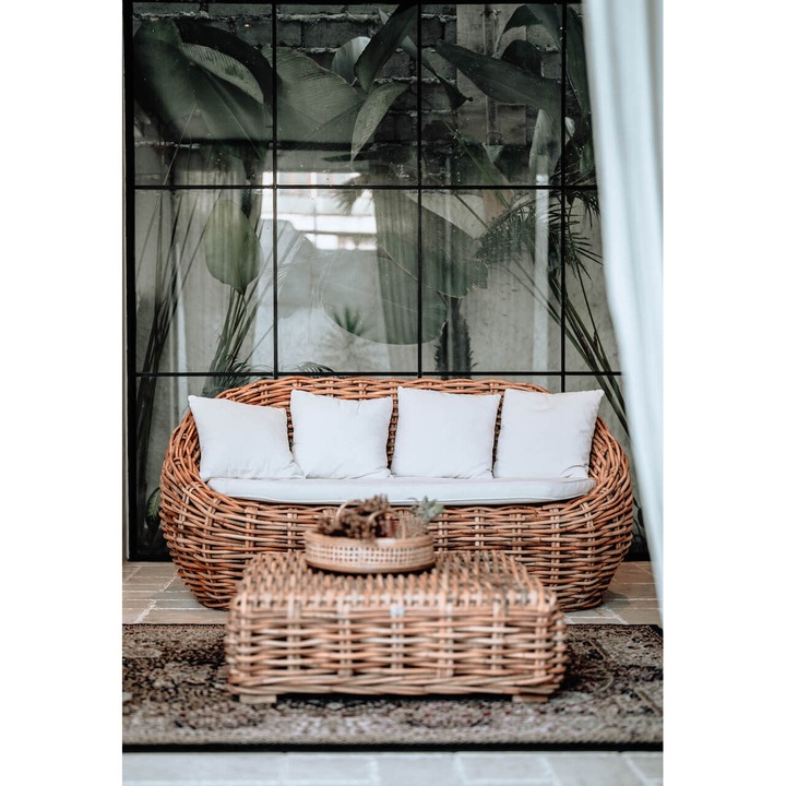 Canapea modulara MONNARITA INGKA, rattan natural, 90x190x97cm, cu perna crem