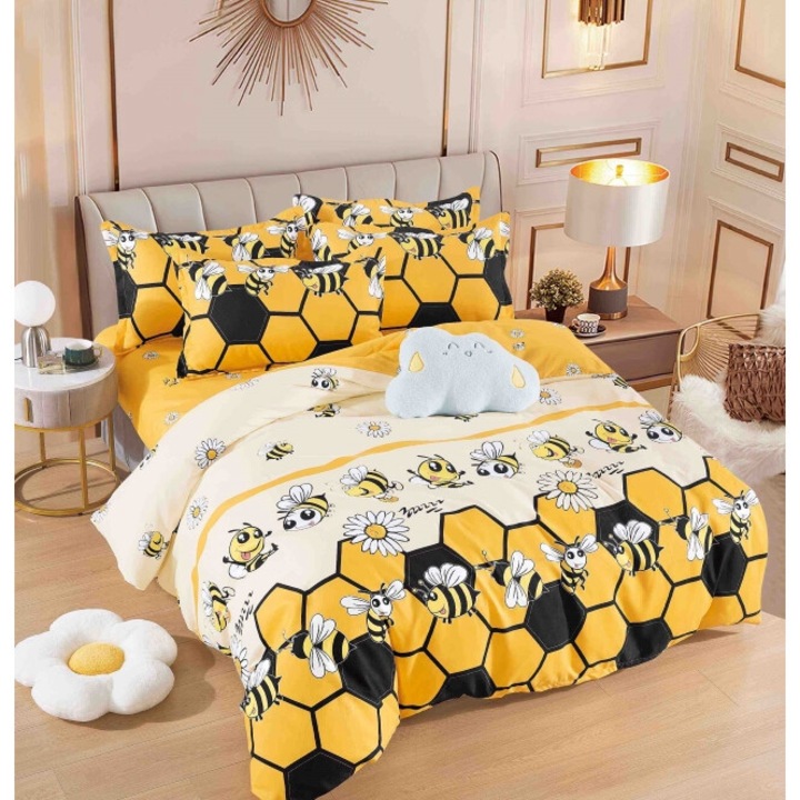 Двойно спално бельо с ластик, Jojo Home, 6 части, 2 лица, 180x200см, Finet Superior, щампа пчелна пита, многоцветен