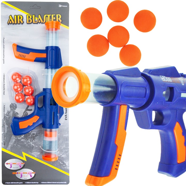 Играчка пистолет, 6 топки, 32x15x4,2 см, 3+ години, син/оранжев