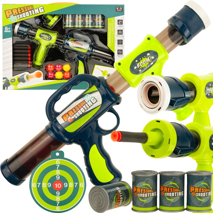 Pistol de jucarie, 6+ ani, 36x16x4cm, set cu 6 proiectile moi, 6 bile, 4 cutii, tinta