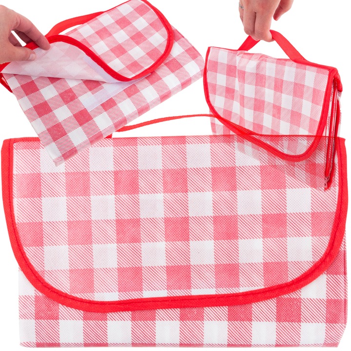 Patura picnic, ZakupyTV, 200x200cm, rosie cu carouri, rezistenta la apa