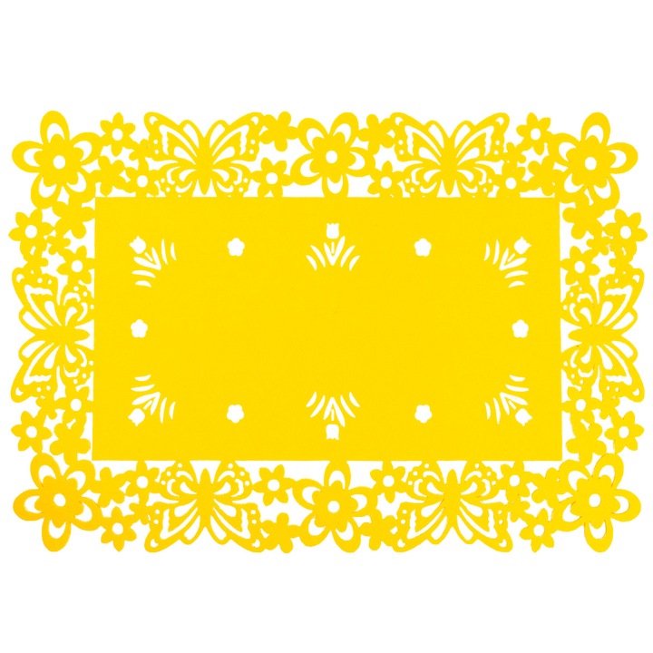 Mata decorativa din filc pentru masa, galbena, cu motive florale si fluturi, 48x33x0,3cm
