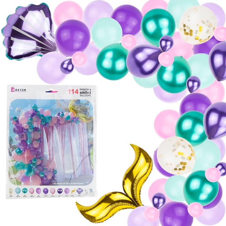 Пастелен балонен гирлянд с опашка на русалка и миди, комплект 114 елемента, 30x20x4см