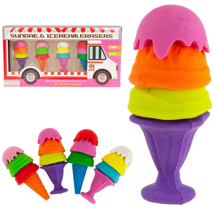 Set de gume de sters in forma de inghetata, multicolor, 5cm, 4 bucati