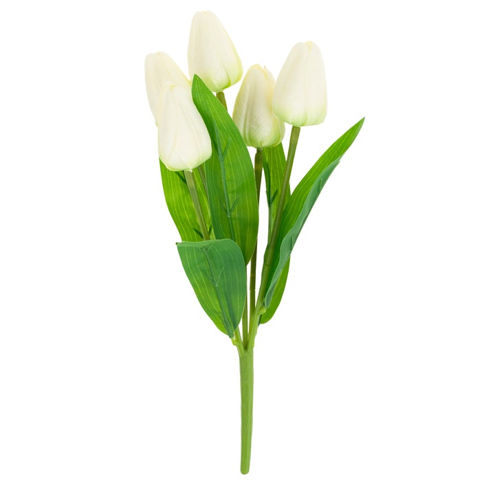 Buchet 5 lalele, 30 cm, culoare alba ecru, plante artificiale