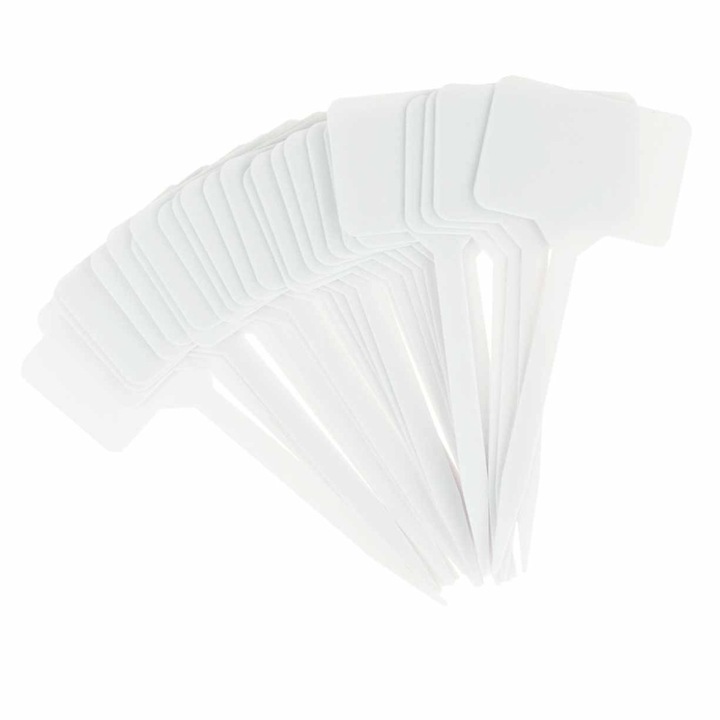 Tablici de identificare a plantelor, 50 buc, plastic, alb, 3,5x5,5cm, 11cm inaltime suport