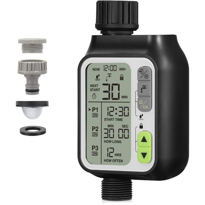 Automata öntöző vezérlő, 3 program, esőérzékelő, 86x56x160mm, komplett készlet
