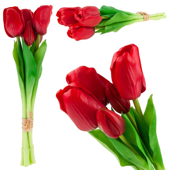 Buchet de tulipani rosii, 5 flori, 30 cm, plante artificiale