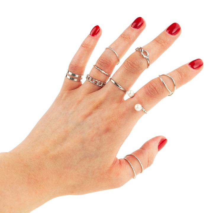 Set 9 inele argintii, Top Gift, design elegant, dimensiune universala, 11x9,5x2cm