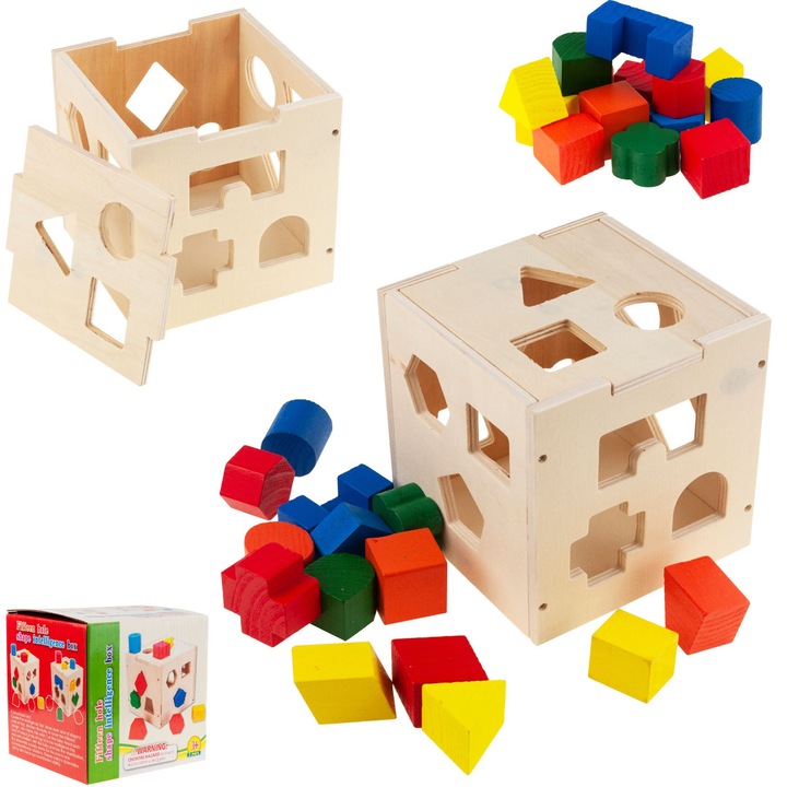 Дървена играчка за сортиране, 13x13 см, 15 цветни форми