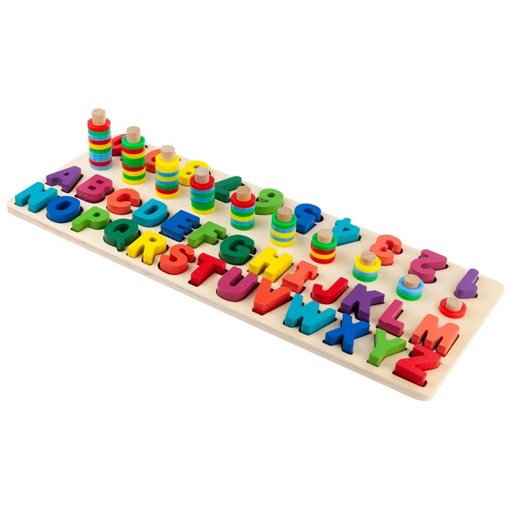 Tabla educativa din lemn, set cu litere si cifre, 45x18x1cm, multicolor