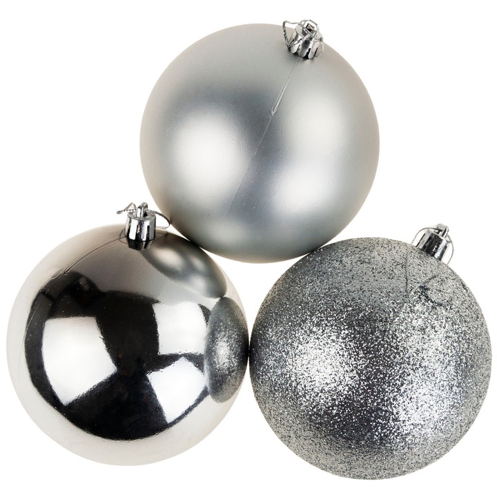 Set 3 globuri de Craciun, Plastic, 10 cm, Argintiu
