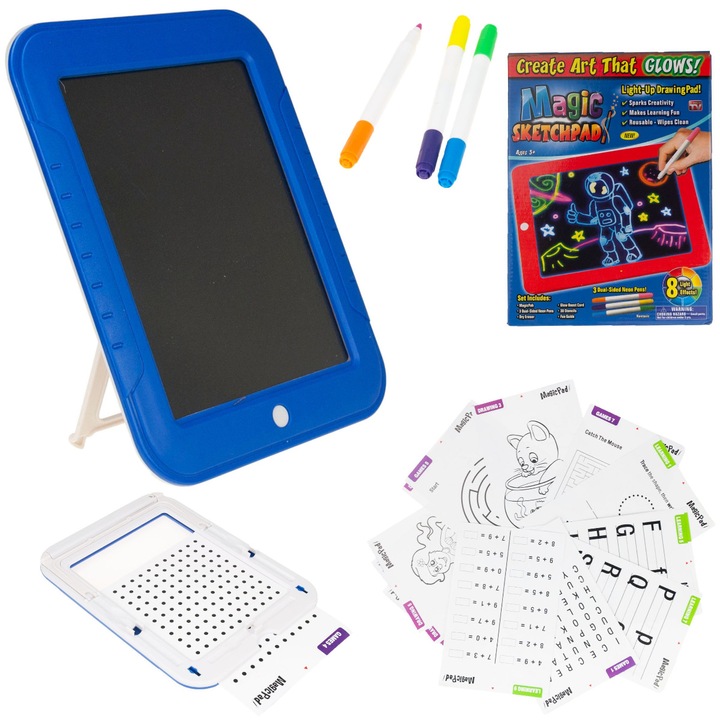 Tableta de desen magic pentru copii, set cu 3 markere neon si 15 sabloane, 27,5x20,5x4cm