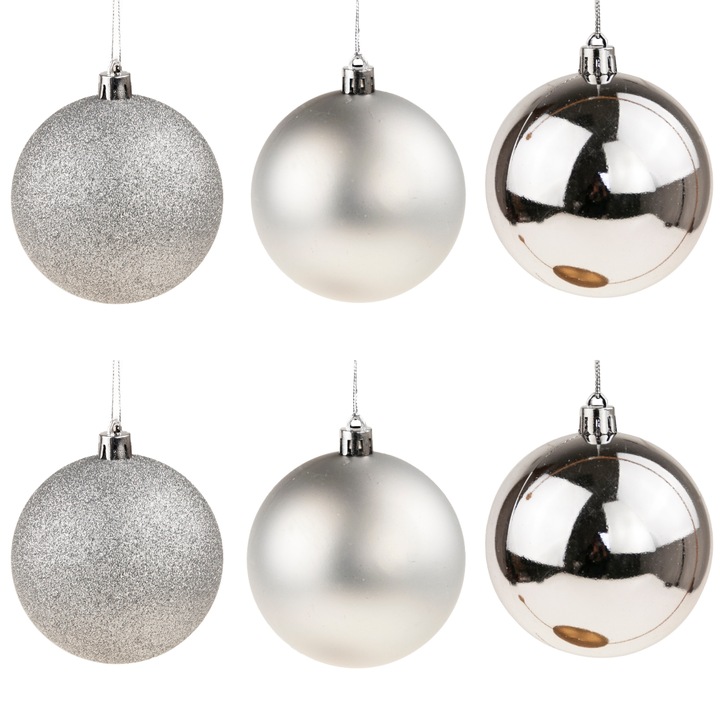 Set 6 globuri de Craciun argintii 6cm, Top Gift, rezistente la cadere, cu suporturi incluse