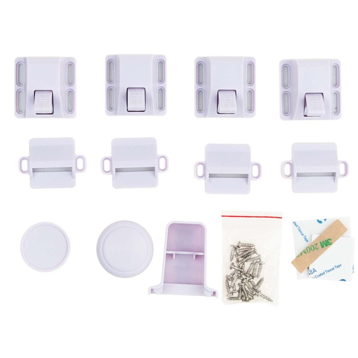 Комплект 4 мебелни ключалки, магнитни за скринове и чекмеджета, защита от деца, размери 4x4x3.1cm, пластмаса