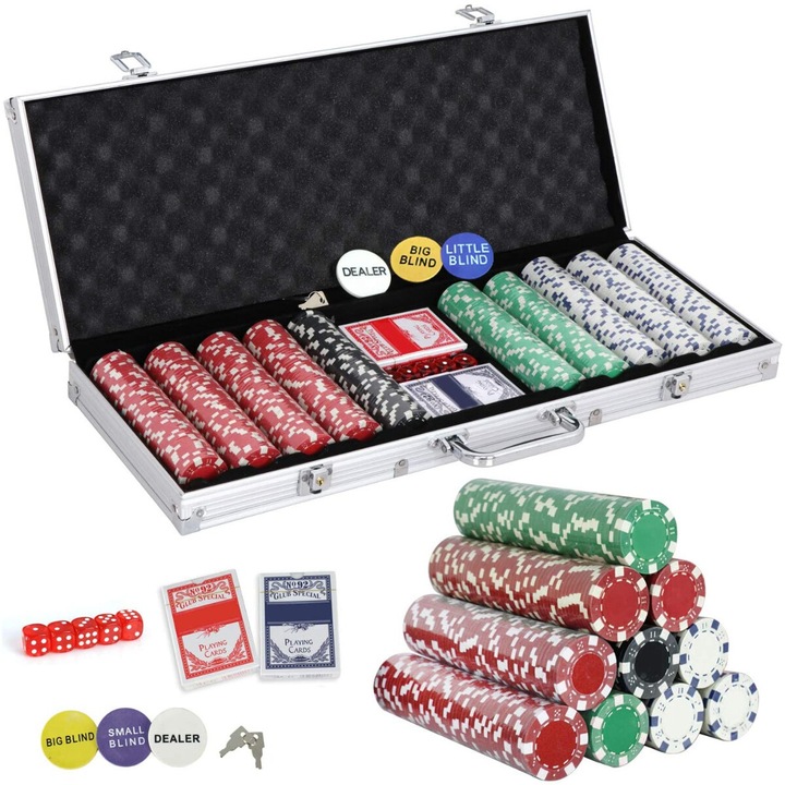 Pókerkészlet, 500 zseton, 2 pakli kártya, 5 kocka, alumínium tok, többszínű, 56x21,5x6,5 cm
