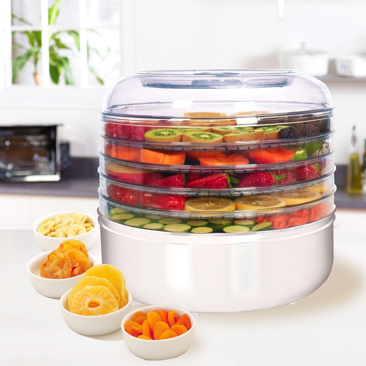 Deshidrator de alimente Top Gift, 5 niveluri, 125W, 32cm, plastic, alb