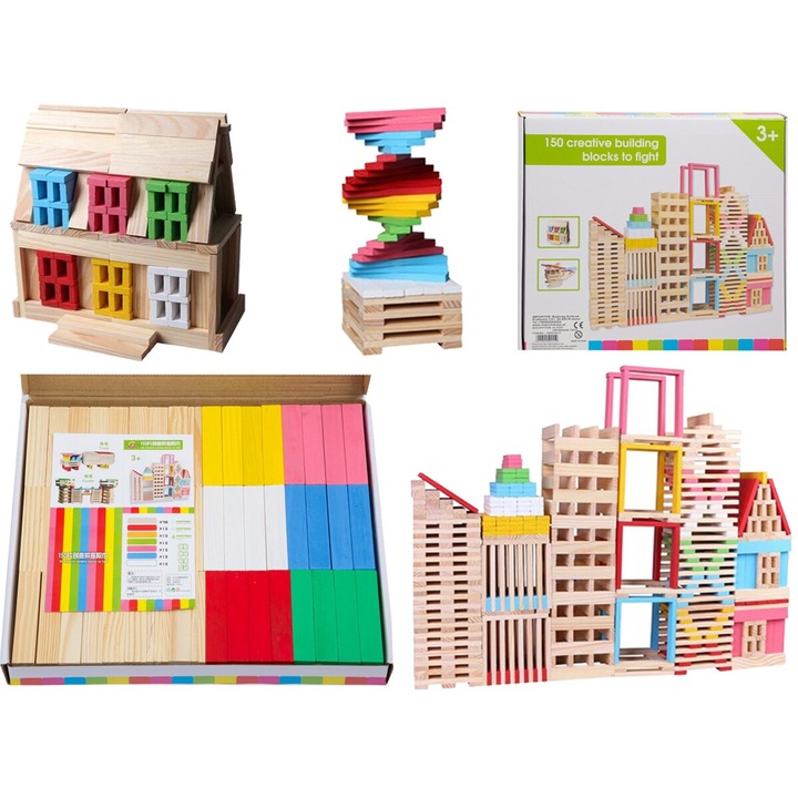 Set blocuri de constructie din lemn, 150 elemente, multicolor, 36x31x4cm
