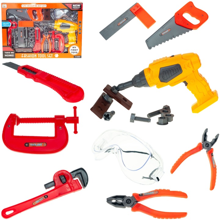 Set unelte jucarie Luka cu bormasina, fierastrau, accesorii, 42.5x30x6.5cm