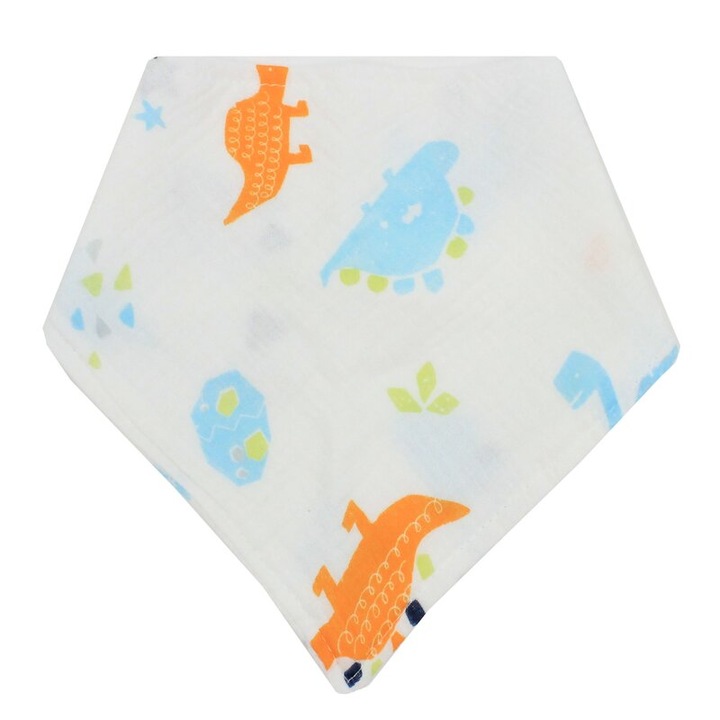 Esarfa tip baveta, muselina, doua fete, Dinozauri, alb