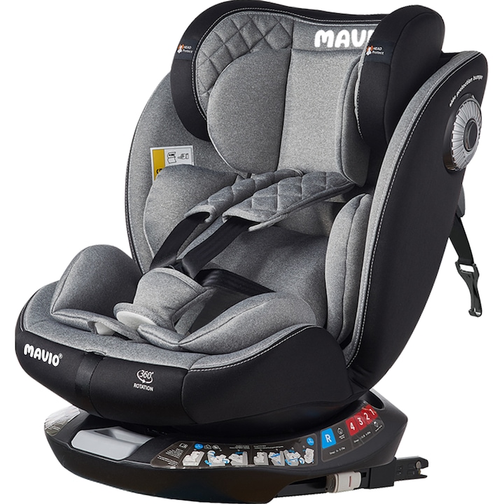 Scaun Auto Bebelusi Mavio®, Model G406, Rotativ, 360 de grade, ISOFIX, pentru Copii intre 0 si 12 ani sau pana la 36kg, Protectie Impact Lateral, Gri Deschis