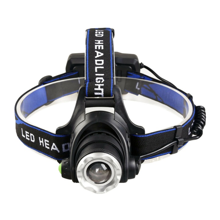 Lanterna frontala LED Zoom CREE XML T6, 3 moduri de iluminare, 500m, negru-albastru, cu 2 acumulatori si incarcatoare