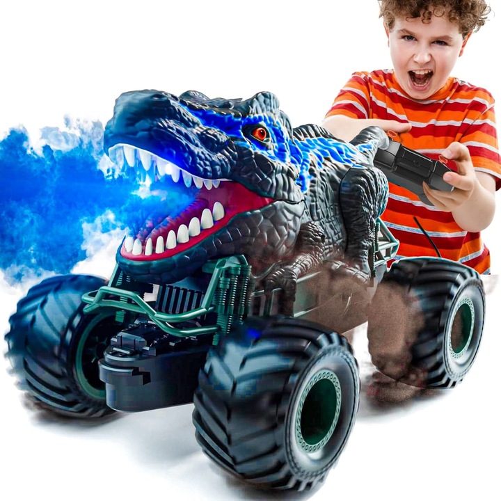 Masina cu telecomanda Dinozaur RC, Timebox cu Lumini, Sunete, Pulverizaire, 2.4Ghz,, 10km/h, Offroad, 2.4Ghz 4WD, Rotire 360°, Waterproof, jucarie pentru copii 3-12 ani, 1:20, Negru/Albastru