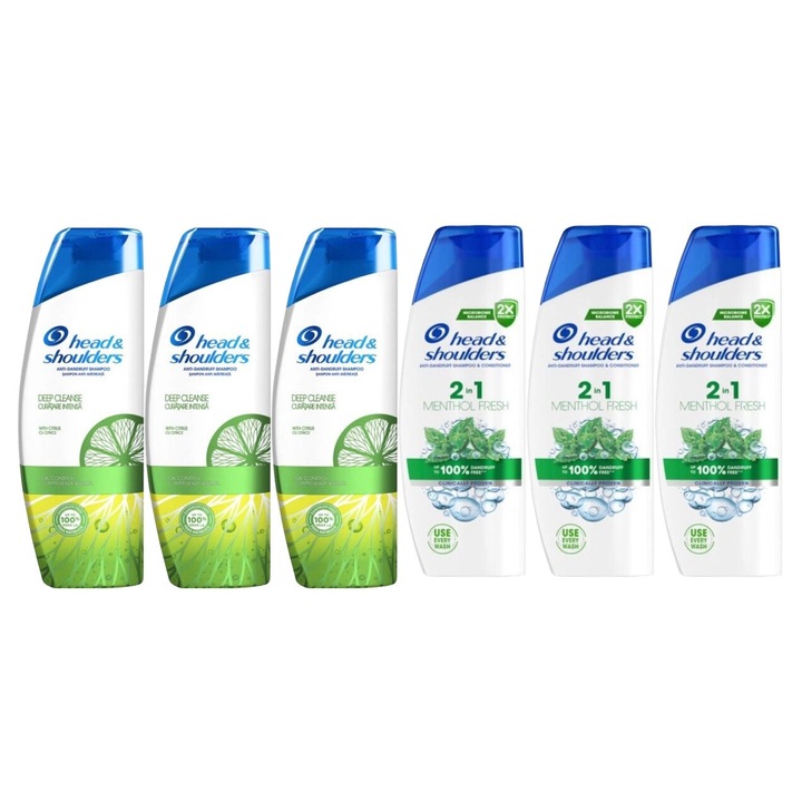 Комплект за хигиена на главата и раменете 6 x Компоненти, 3 x шампоан 500 ml контрол на маслото, 3 x шампоан 330 ml 2 в 1 ментол свеж, дерматологично тестван, дълготрайна свежест, деликатен за скалпа, нетоксичен, екологичен